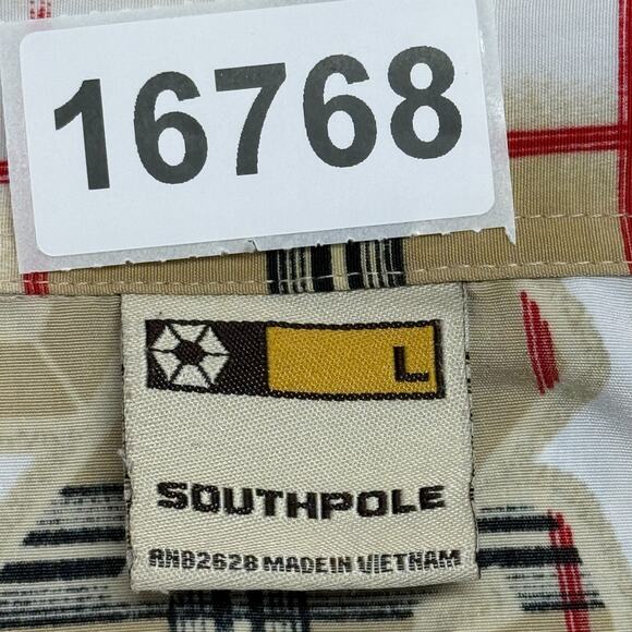 Southpole Shirt Mens Large Tan Red Loop Collar Hip Hop Y2K Button Up Streetwear - Picture 8 of 8